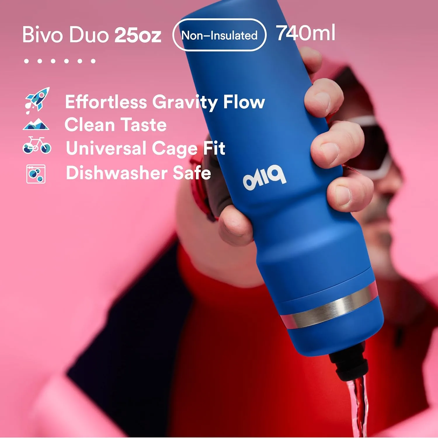 Bivo Duo 25oz Non Insulated Stainless Steel Bike Water Bottle - Lightweight for Cycling, Hiking, Sports - No Plastic Taste, Fits Most Cages, Dishwasher Safe - (Raw)