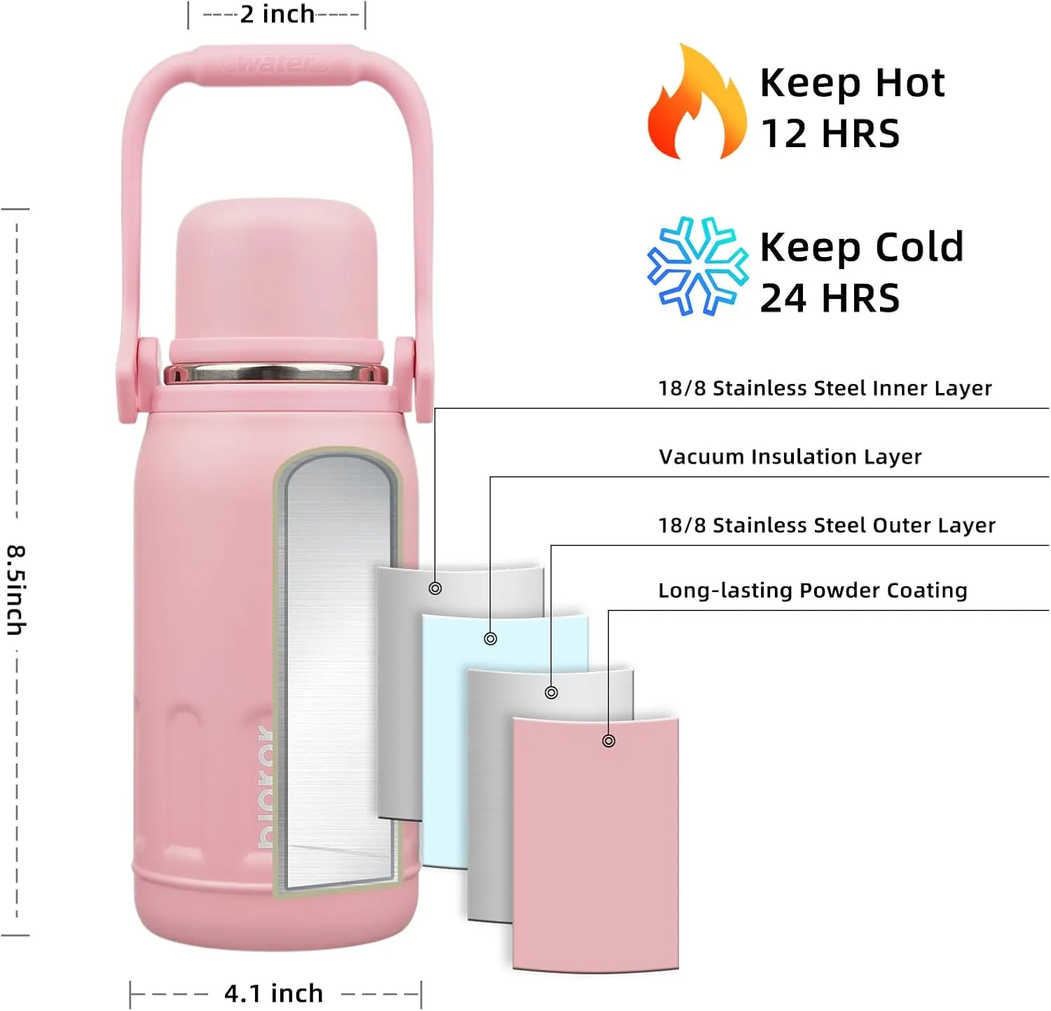 BJPKPK Insulated Water Bottle 27oz Stainless Steel Water Bottles with Handle and Cup Lid Travel Metal Thermos,Light Pink