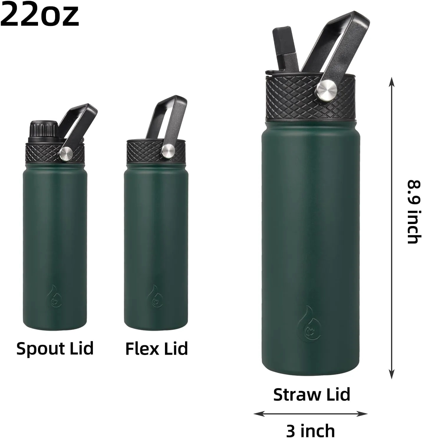 BJPKPK Insulated Water Bottles with Straw Lid, 22oz Cold & Hot Thermos, Stainless Steel Metal Water Bottle with 3 Lids, Reusable Thermos, Cups, Mugs for Daily Use-Army Green