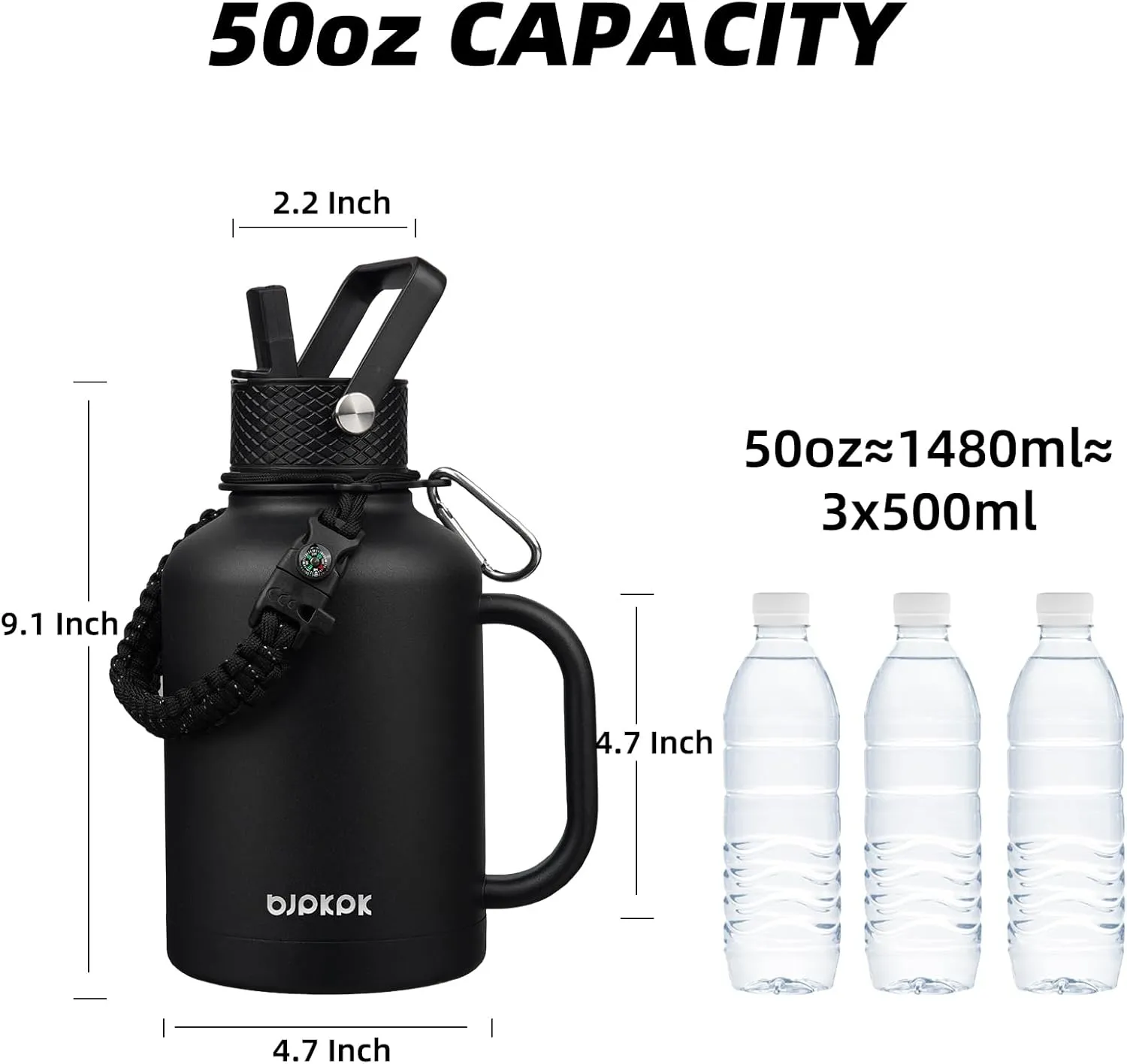 BJPKPK Large Insulated Water Bottles with Straw Lid & Handle, 50oz, 64oz, 87oz, 128oz Water Bottle with 3 Lids and Paracord Strap, Stainless Steel Metal Water Bottle, Insulated Water Jug, Black