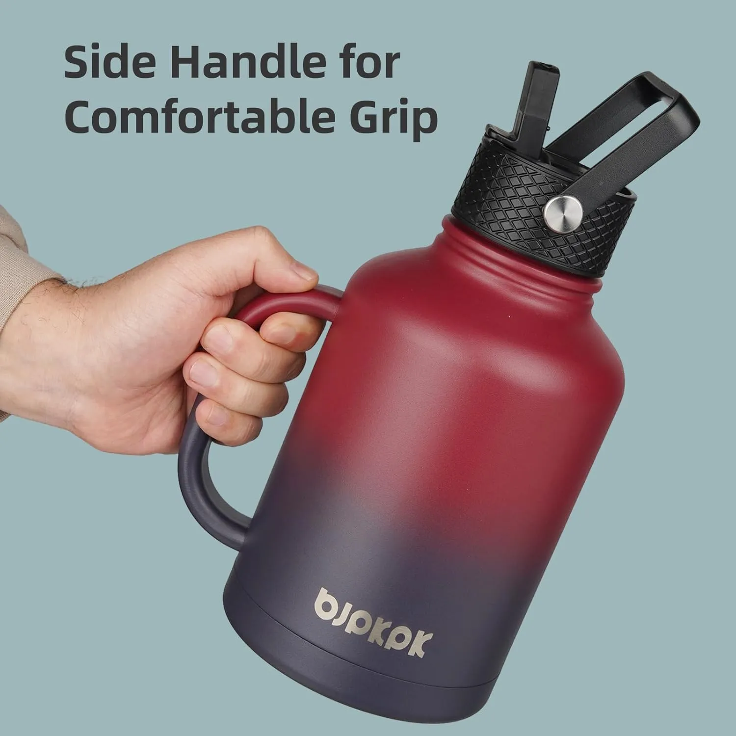 BJPKPK Large Insulated Water Bottles with Straw Lid & Handle, 50oz, 64oz, 87oz, 128oz Water Bottle with 3 Lids and Paracord Strap, Stainless Steel Metal Water Bottle, Insulated Water Jug, Black