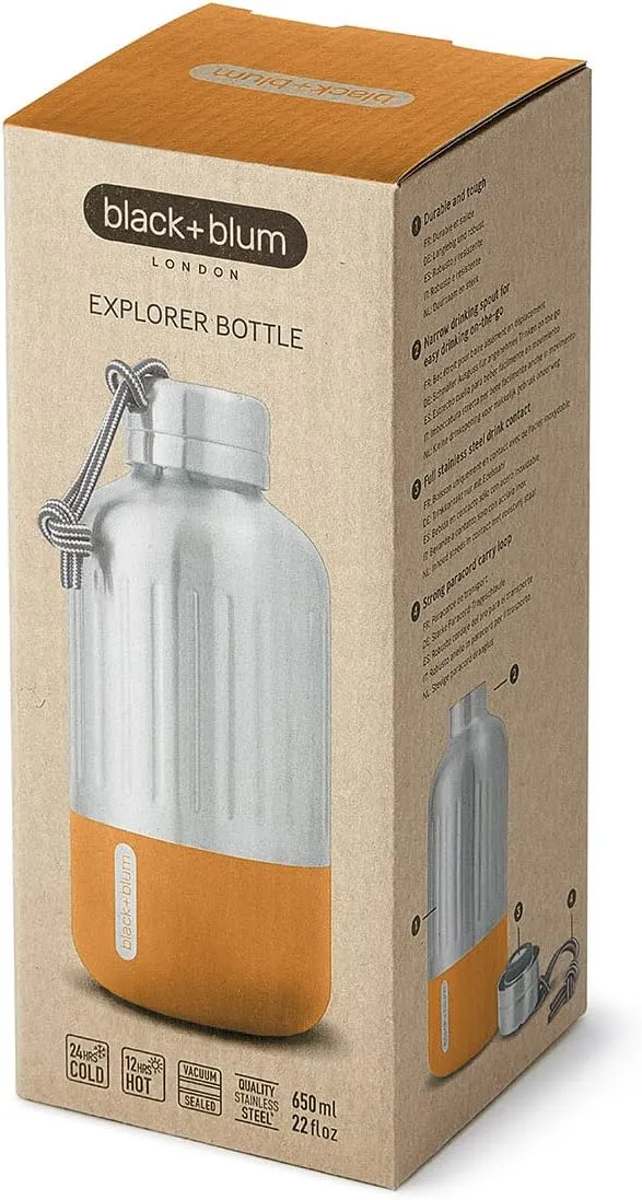 Black Blum Explorer Vacuum Flask - Stainless Steel Leak Proof Water Bottle with Carry Loop - BPA Free Drinks Bottle for Hot or Cold Drinks, Hiking and Gym - Orange, Small 650ml