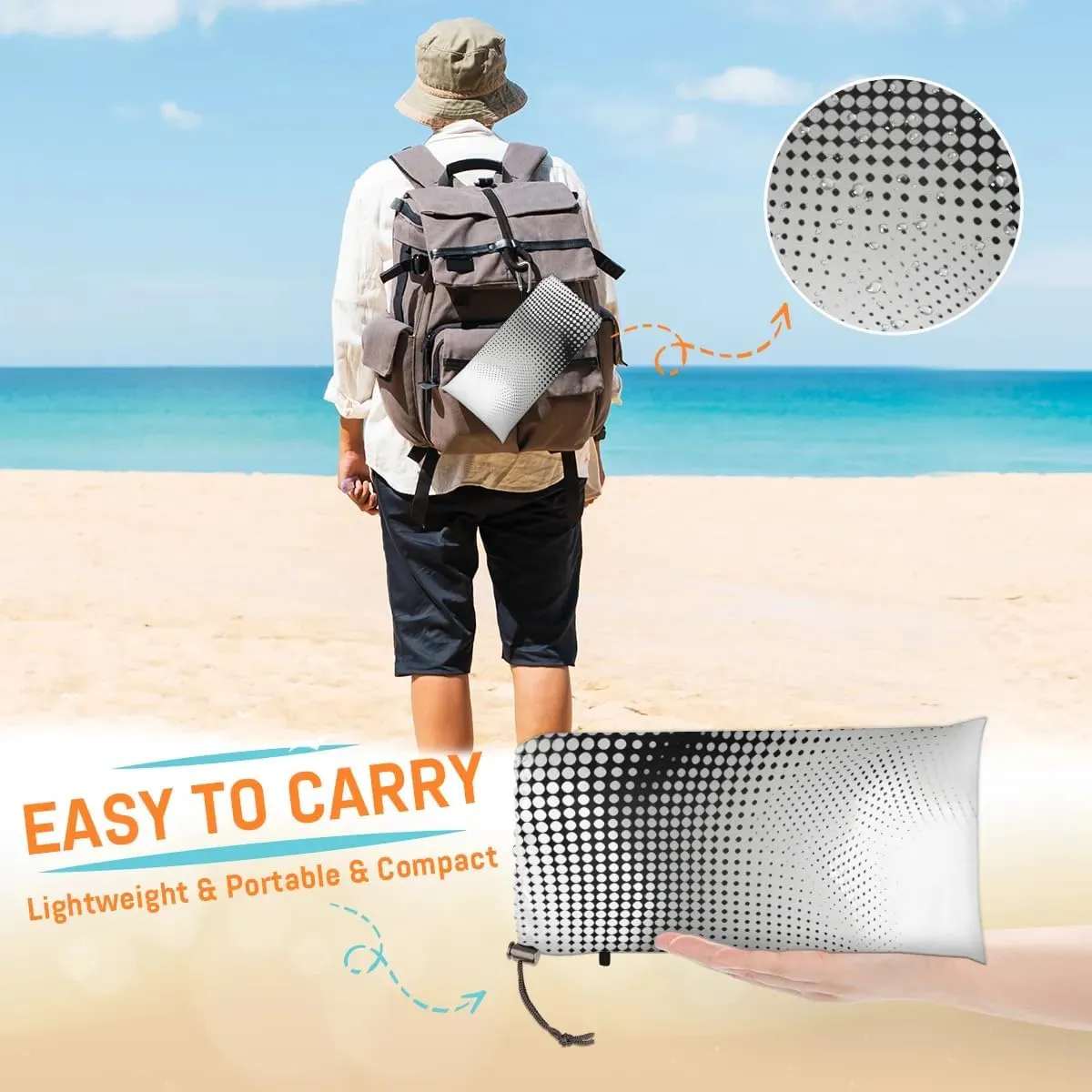 Black Polka Dots Beach Blanket, Sandproof Beach Mat, 68 x 59 Waterproof Quick Drying Sand Free Mat with 4 x Ground Spikes for Outdoor Travel Camping Hiking, Modern Black White Abstract