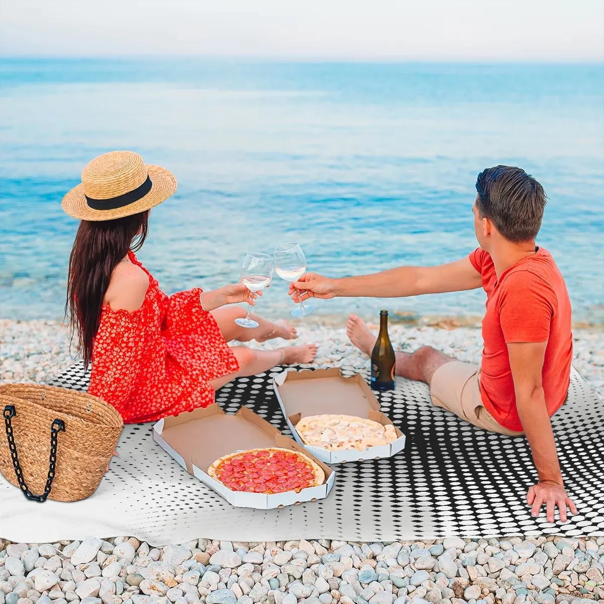 Black Polka Dots Beach Blanket, Sandproof Beach Mat, 68 x 59 Waterproof Quick Drying Sand Free Mat with 4 x Ground Spikes for Outdoor Travel Camping Hiking, Modern Black White Abstract