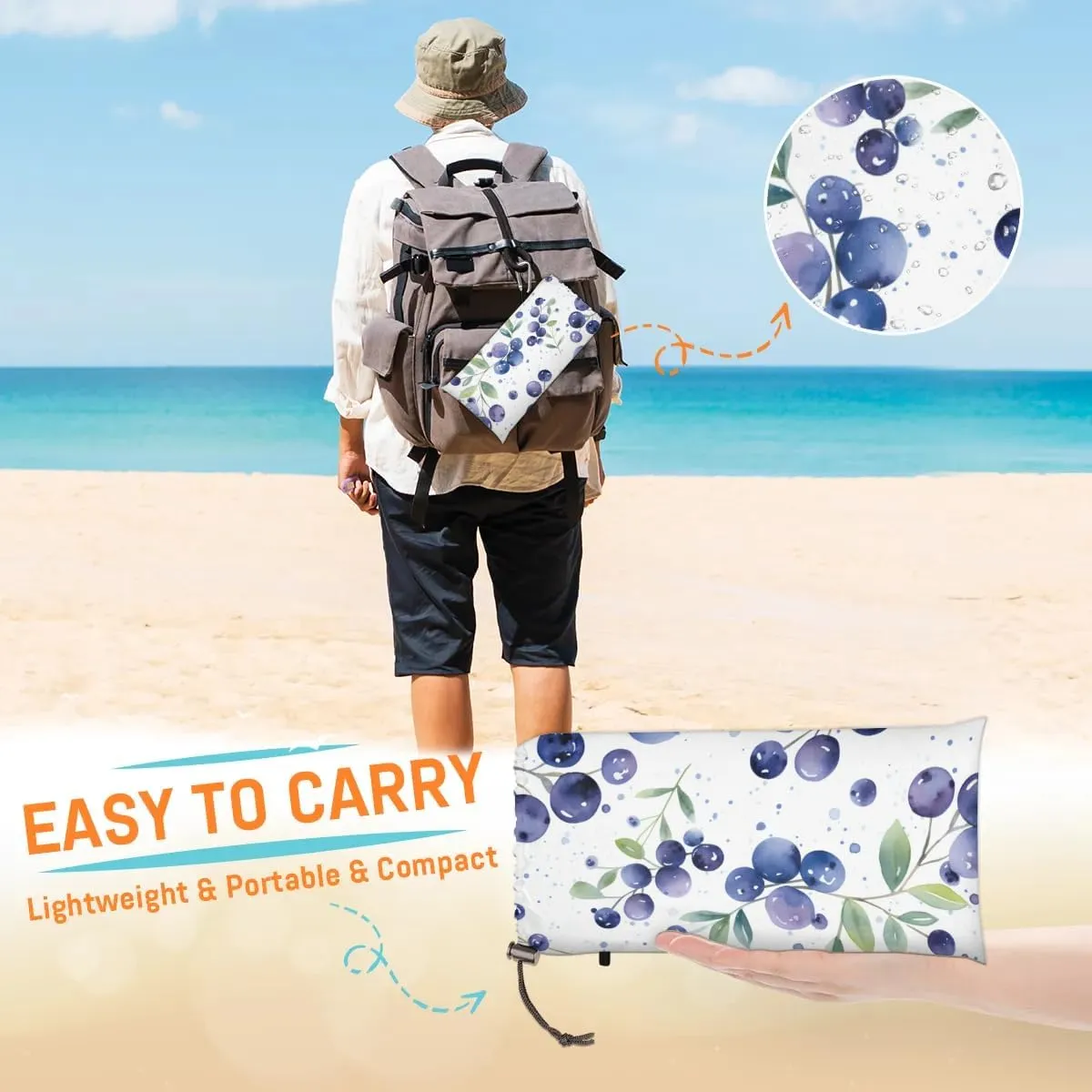 Blueberries Beach Blanket, Sandproof Beach Mat, 68 x 59 Waterproof Quick Drying Sand Free Mat with 4 x Ground Spikes for Outdoor Travel Camping Hiking, Fruit