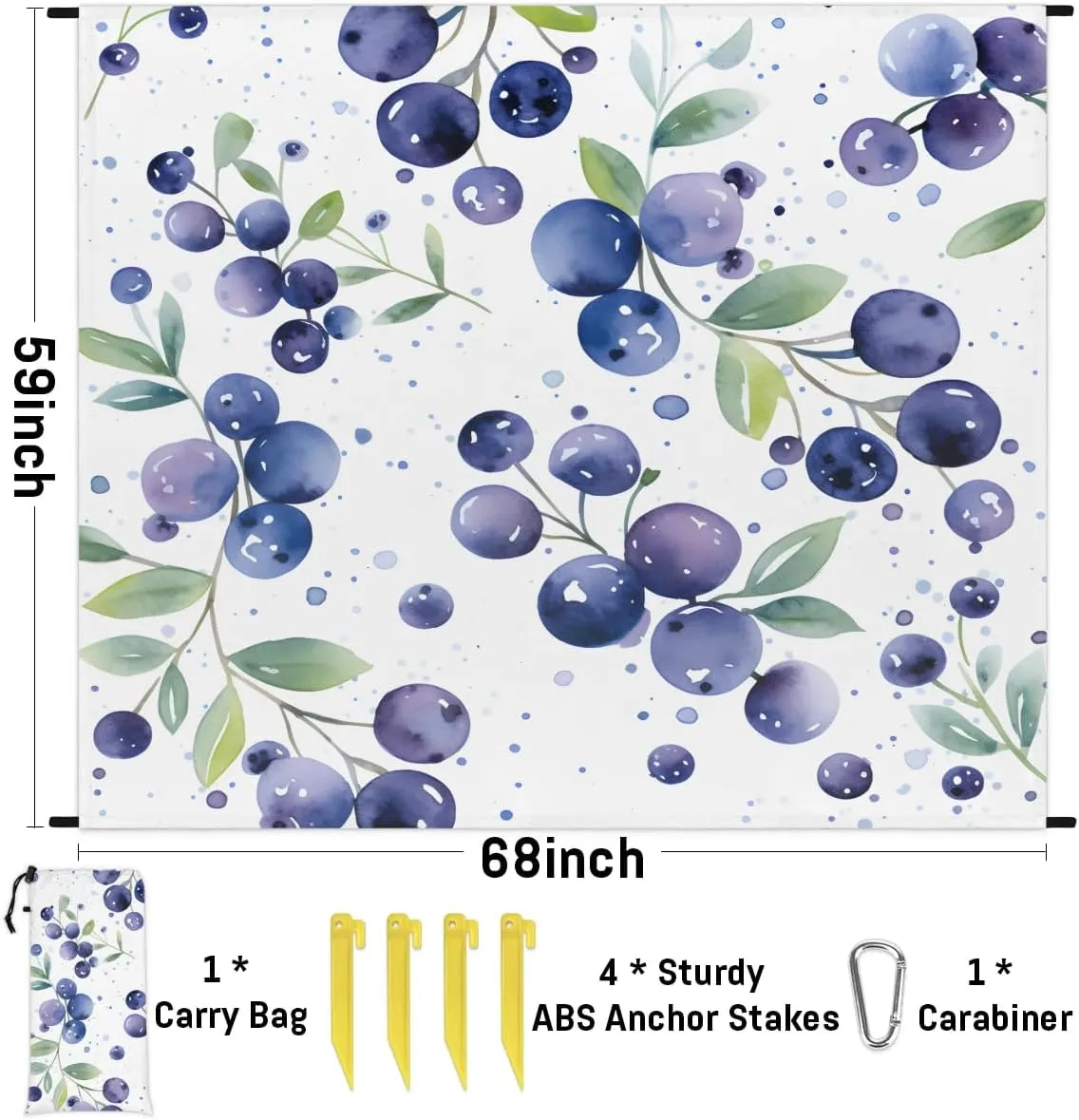 Blueberries Beach Blanket, Sandproof Beach Mat, 68 x 59 Waterproof Quick Drying Sand Free Mat with 4 x Ground Spikes for Outdoor Travel Camping Hiking, Fruit