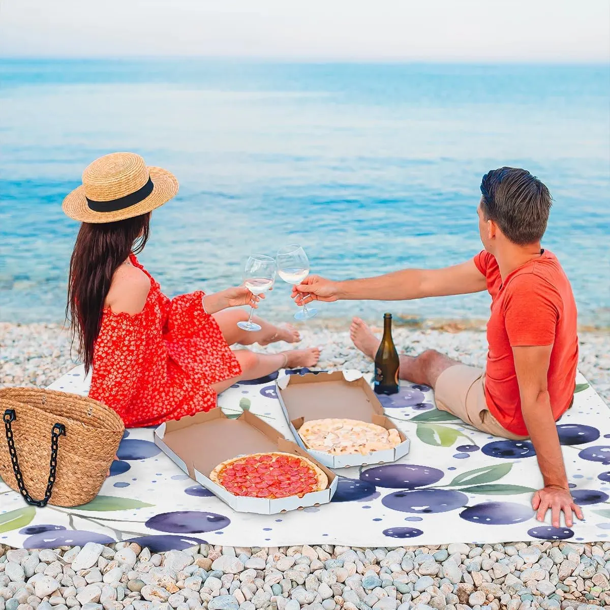 Blueberries Beach Blanket, Sandproof Beach Mat, 68 x 59 Waterproof Quick Drying Sand Free Mat with 4 x Ground Spikes for Outdoor Travel Camping Hiking, Fruit