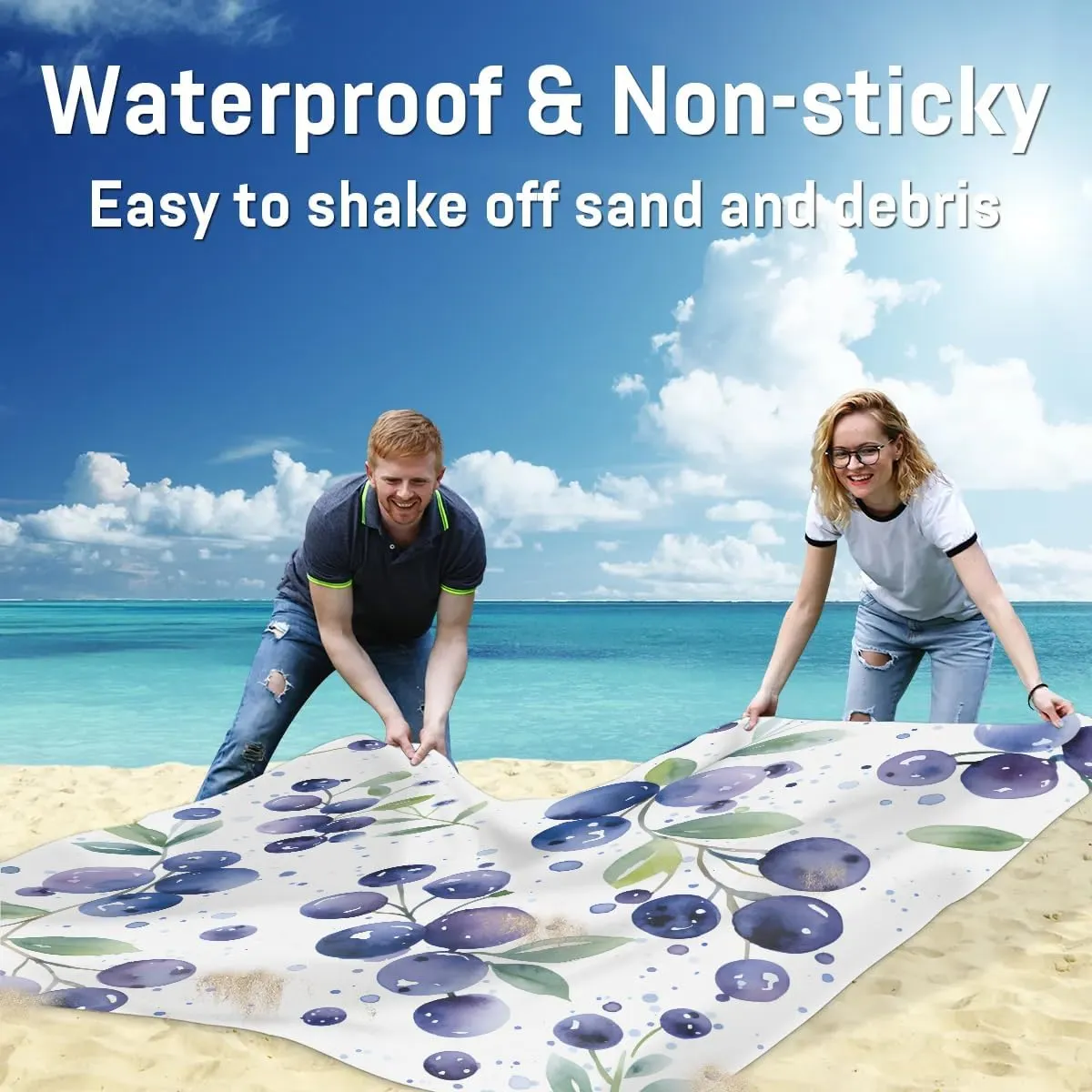 Blueberries Beach Blanket, Sandproof Beach Mat, 68 x 59 Waterproof Quick Drying Sand Free Mat with 4 x Ground Spikes for Outdoor Travel Camping Hiking, Fruit