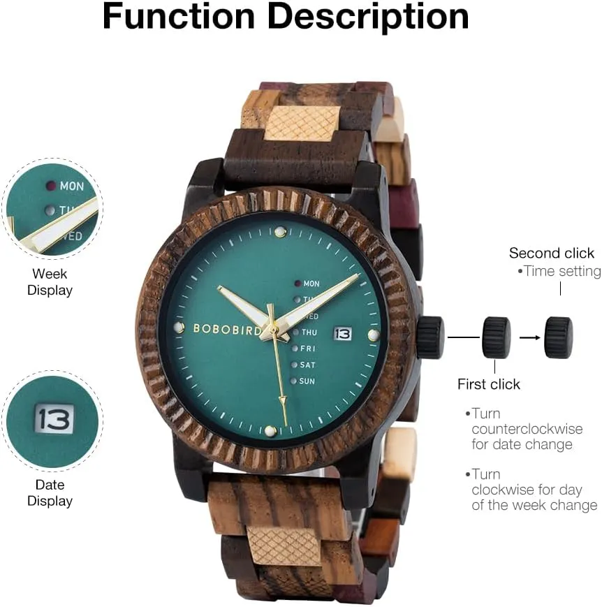BOBO BIRD Mens Wooden Watch Analog Quartz with Week Display Lightweight Handmade Wood Wrist Watch for Men