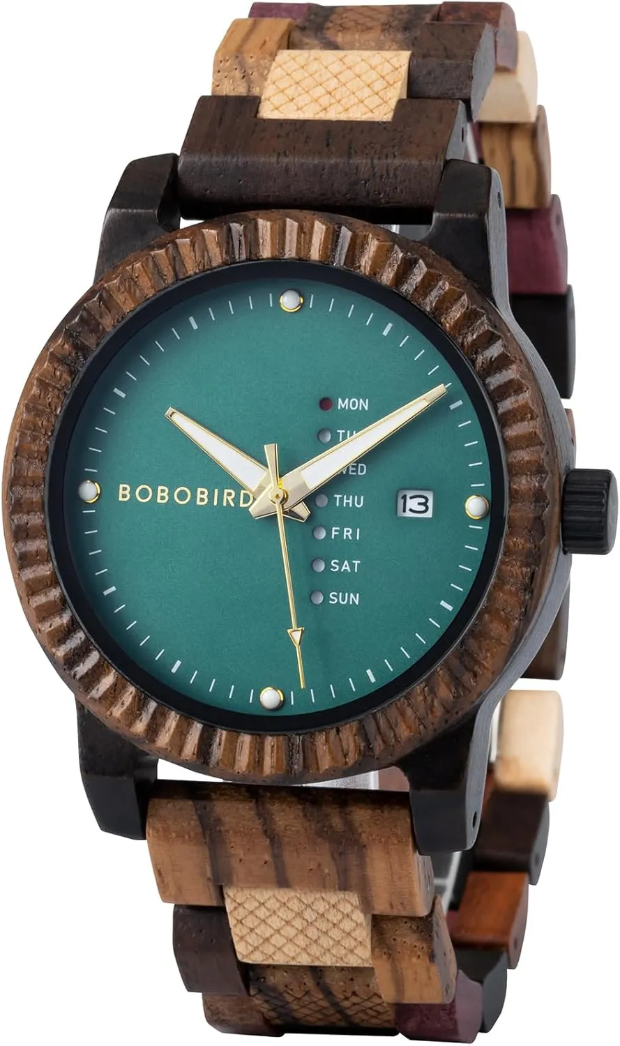 BOBO BIRD Mens Wooden Watch Analog Quartz with Week Display Lightweight Handmade Wood Wrist Watch for Men