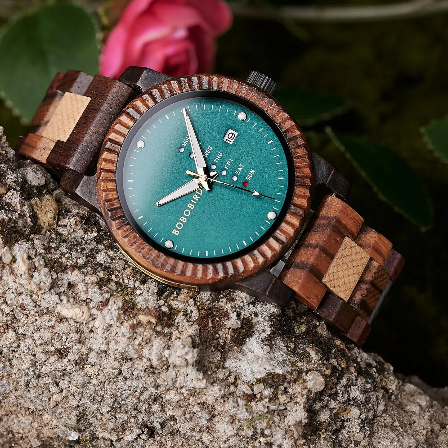 BOBO BIRD Mens Wooden Watch Analog Quartz with Week Display Lightweight Handmade Wood Wrist Watch for Men