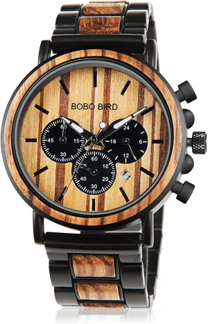 BOBO BIRD Wooden Mens Watches Wood & Stainless Steel Combined Chronograph Military Quartz Casual Wristwatches