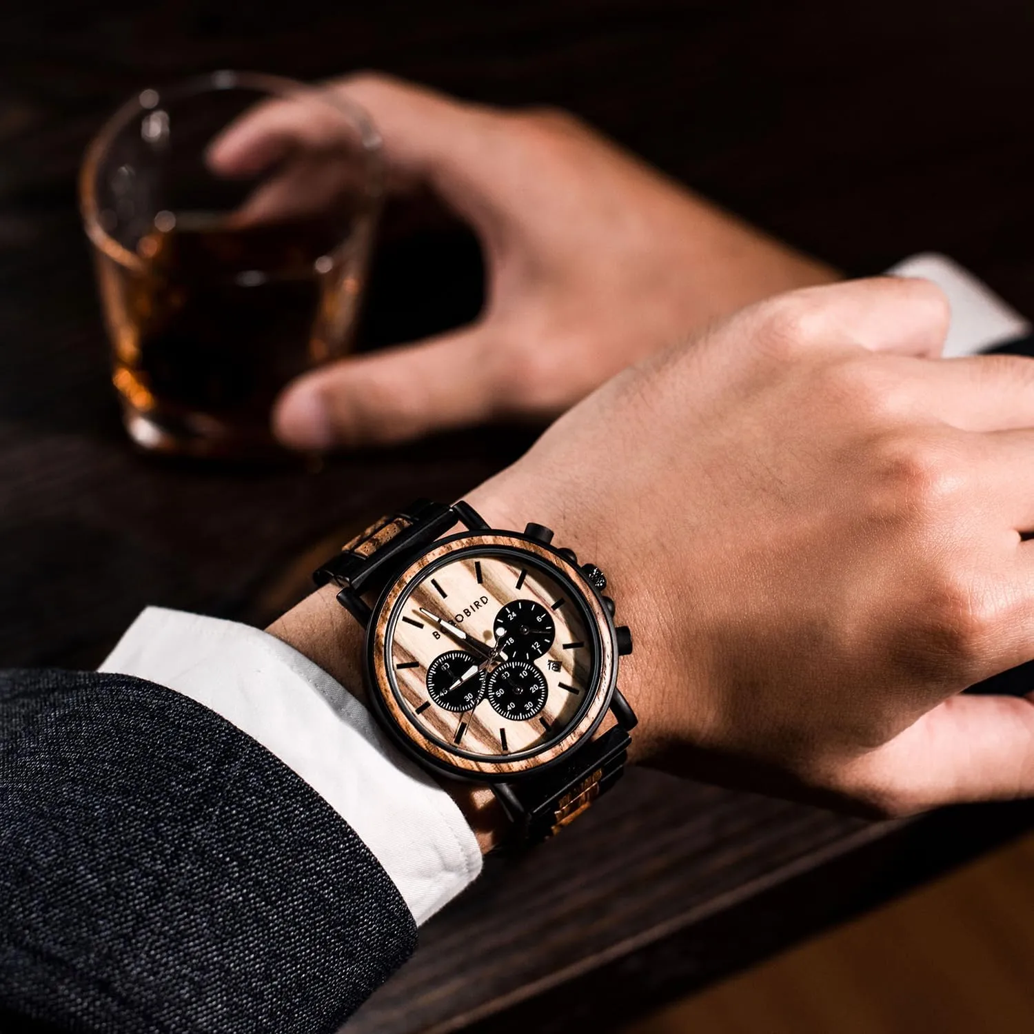 BOBO BIRD Wooden Mens Watches Wood & Stainless Steel Combined Chronograph Military Quartz Casual Wristwatches