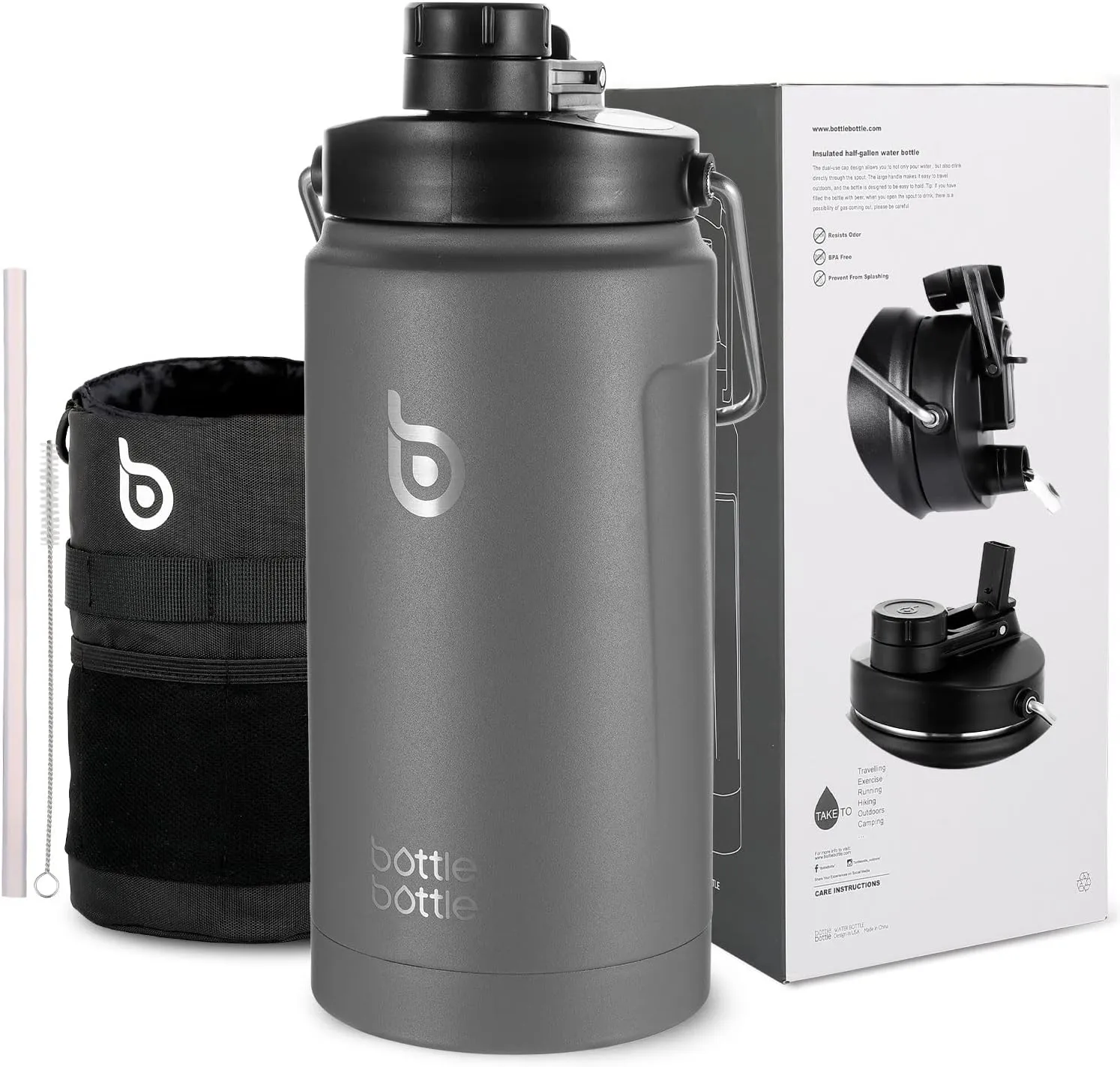 BOTTLE BOTTLE Insulated Water Bottle 64 oz with Straw and Dual-use Lid Half Gallon Water Jug Vacuum Stainless Steel for Workout and Sports Insulated Beer Growler with Handle Dark Gray