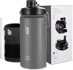 BOTTLE BOTTLE Insulated Water Bottle 64 oz with Straw and Dual-use Lid Half Gallon Water Jug Vacuum Stainless Steel for Workout and Sports Insulated Beer Growler with Handle Dark Gray