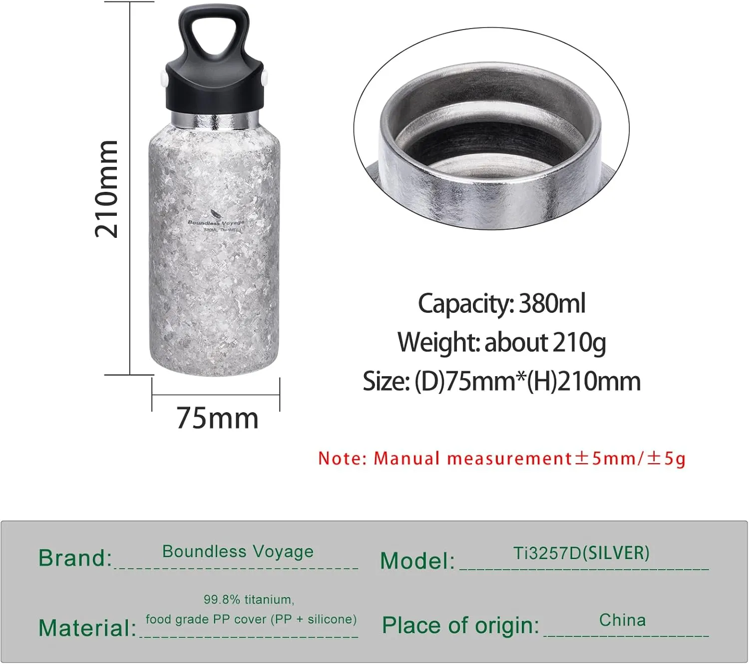 Boundless Voyage Titanium Vacuum Water Bottle Double-Walled Insulated Cup Lightweight and Leak-Proof Travel Outdoor Office School Sport Bottle (380ml silver)