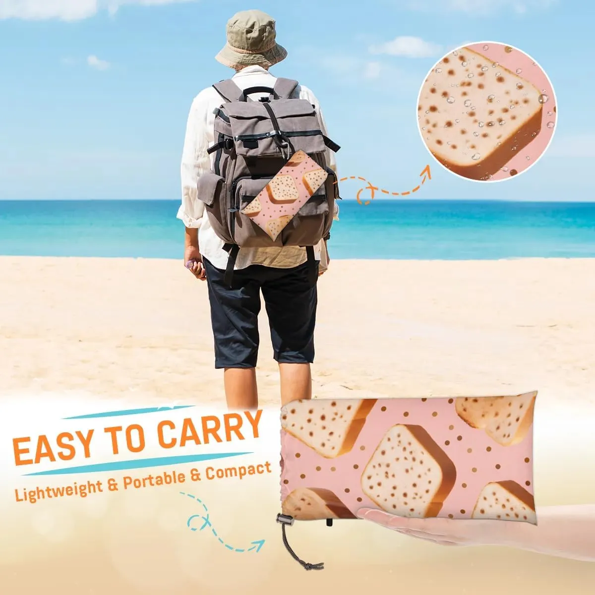 Bread Beach Blanket, Sandproof Beach Mat, 68 x 59 Waterproof Quick Drying Sand Free Mat with 4 x Ground Spikes for Outdoor Travel Camping Hiking, Cute Funny Bread