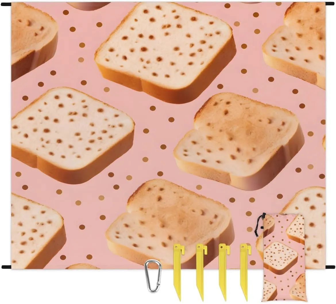 Bread Beach Blanket, Sandproof Beach Mat, 68 x 59 Waterproof Quick Drying Sand Free Mat with 4 x Ground Spikes for Outdoor Travel Camping Hiking, Cute Funny Bread