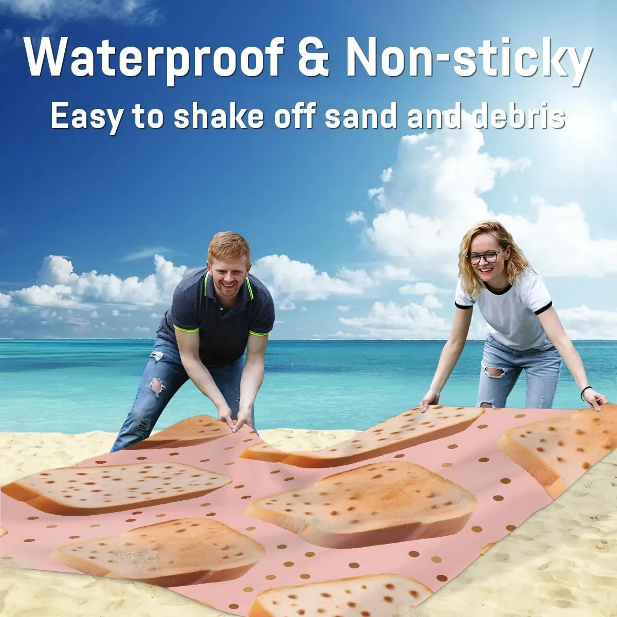Bread Beach Blanket, Sandproof Beach Mat, 68 x 59 Waterproof Quick Drying Sand Free Mat with 4 x Ground Spikes for Outdoor Travel Camping Hiking, Cute Funny Bread