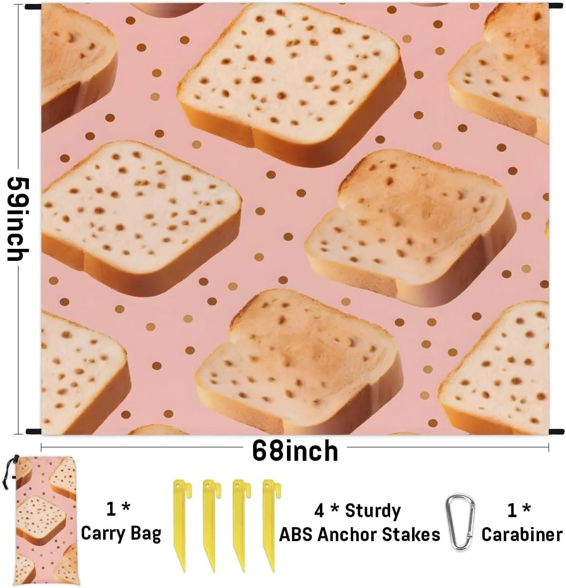 Bread Beach Blanket, Sandproof Beach Mat, 68 x 59 Waterproof Quick Drying Sand Free Mat with 4 x Ground Spikes for Outdoor Travel Camping Hiking, Cute Funny Bread