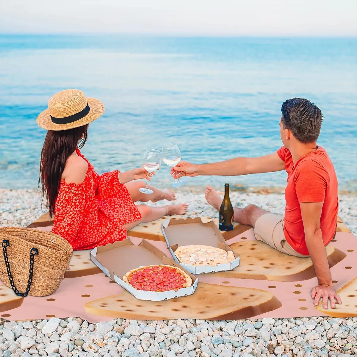 Bread Beach Blanket, Sandproof Beach Mat, 68 x 59 Waterproof Quick Drying Sand Free Mat with 4 x Ground Spikes for Outdoor Travel Camping Hiking, Cute Funny Bread