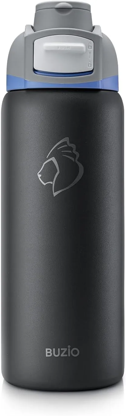 BUZIO 32 oz Water Bottle with Leakproof Locking Lid & Carry Loop, Dishwasher Safe, Triple Wall Vacuum Insulated Metal Water Bottle Chug Lid Thermos for Holiday Keep Cold 48H, 32oz, Dark Gray