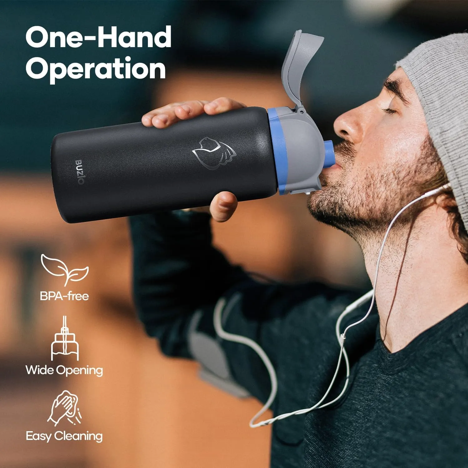 BUZIO 32 oz Water Bottle with Leakproof Locking Lid & Carry Loop, Dishwasher Safe, Triple Wall Vacuum Insulated Metal Water Bottle Chug Lid Thermos for Holiday Keep Cold 48H, 32oz, Dark Gray