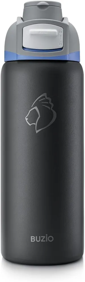 BUZIO 32 oz Water Bottle with Leakproof Locking Lid & Carry Loop, Dishwasher Safe, Triple Wall Vacuum Insulated Metal Water Bottle Chug Lid Thermos for Holiday Keep Cold 48H, 32oz, Dark Gray