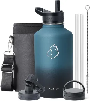 BUZIO 64 oz Water Bottle Insulated with Straw & 3 lid and Carrying Pouch, Leak Proof Half Gallon Stainless Steel Water Flask Jug, Cold for 48 Hrs Double Vacuum Thermo Canteen, BPA-Free, Indigo Crush