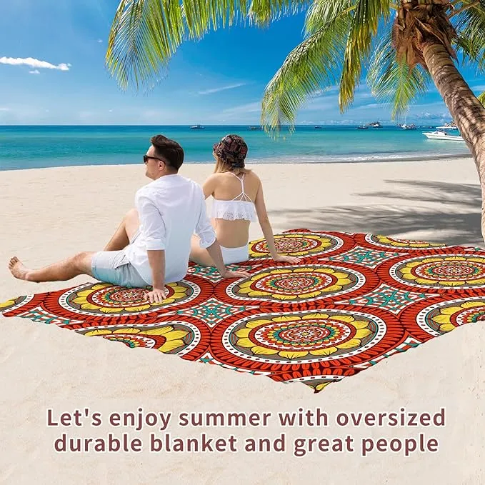 BYDOLL Beach Blanket Mandala Sandproof Waterproof 78''×110''1-7 Adults Compact Lightweight Oversized Beach Blanket Large Picnic Mat Blanket for Travel Camping Hiking Picnic