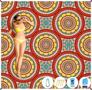 BYDOLL Beach Blanket Mandala Sandproof Waterproof 78''×110''1-7 Adults Compact Lightweight Oversized Beach Blanket Large Picnic Mat Blanket for Travel Camping Hiking Picnic