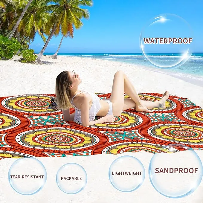 BYDOLL Beach Blanket Mandala Sandproof Waterproof 78''×110''1-7 Adults Compact Lightweight Oversized Beach Blanket Large Picnic Mat Blanket for Travel Camping Hiking Picnic