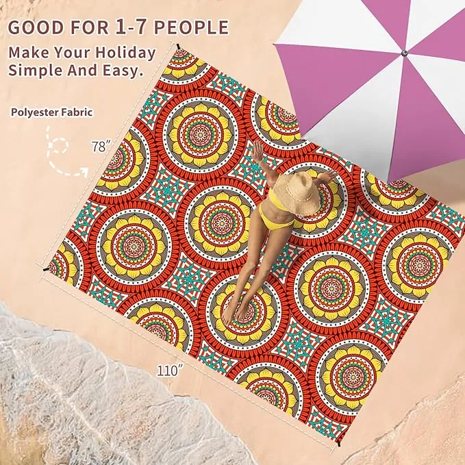 BYDOLL Beach Blanket Mandala Sandproof Waterproof 78''×110''1-7 Adults Compact Lightweight Oversized Beach Blanket Large Picnic Mat Blanket for Travel Camping Hiking Picnic