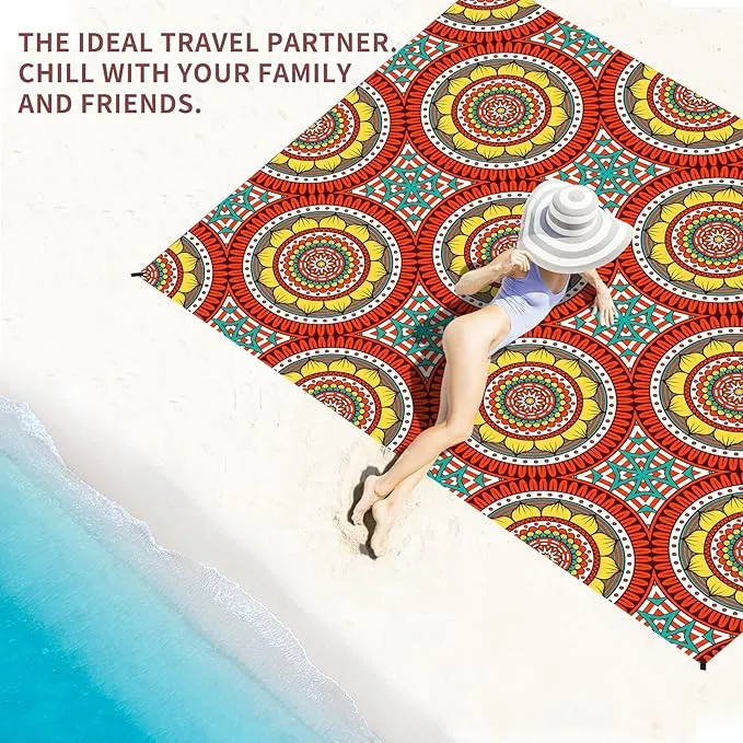 BYDOLL Beach Blanket Mandala Sandproof Waterproof 78''×110''1-7 Adults Compact Lightweight Oversized Beach Blanket Large Picnic Mat Blanket for Travel Camping Hiking Picnic