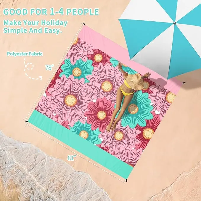 BYDOLL Beach Blanket Sandproof Waterproof 78''×81'' 1-4 Adults Floral Compact Lightweight Oversized Beach Blanket Large Picnic Mat Beach Blanket for Travel Camping Hiking Picnic