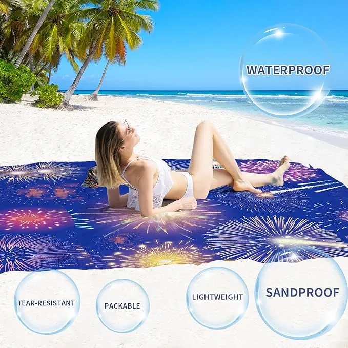 BYDOLL Beach Blanket Sandproof Waterproof Firework 78''×110''1-7 Adults Compact Lightweight Oversized Beach Blanket Large Picnic Mat Beach Blanket for Travel Camping Hiking Picnic