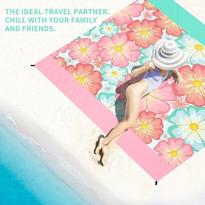 BYDOLL Beach Blanket Sandproof Waterproof Flower 78''×81''1-4 Adults Compact Lightweight Oversized Beach Blanket Large Picnic Mat Beach Blanket for Travel Camping Hiking Picnic