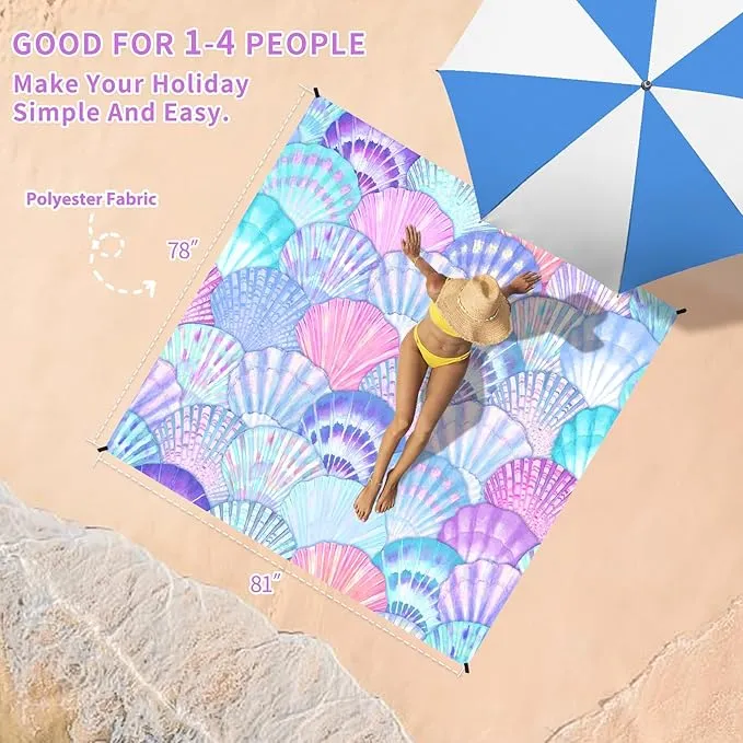 BYDOLL Beach Blanket Sea Shell Sandproof Waterproof 78''×81''1-4 Adults Compact Lightweight Oversized Beach Blanket Large Picnic Mat Blanket for Travel Camping Hiking Picnic