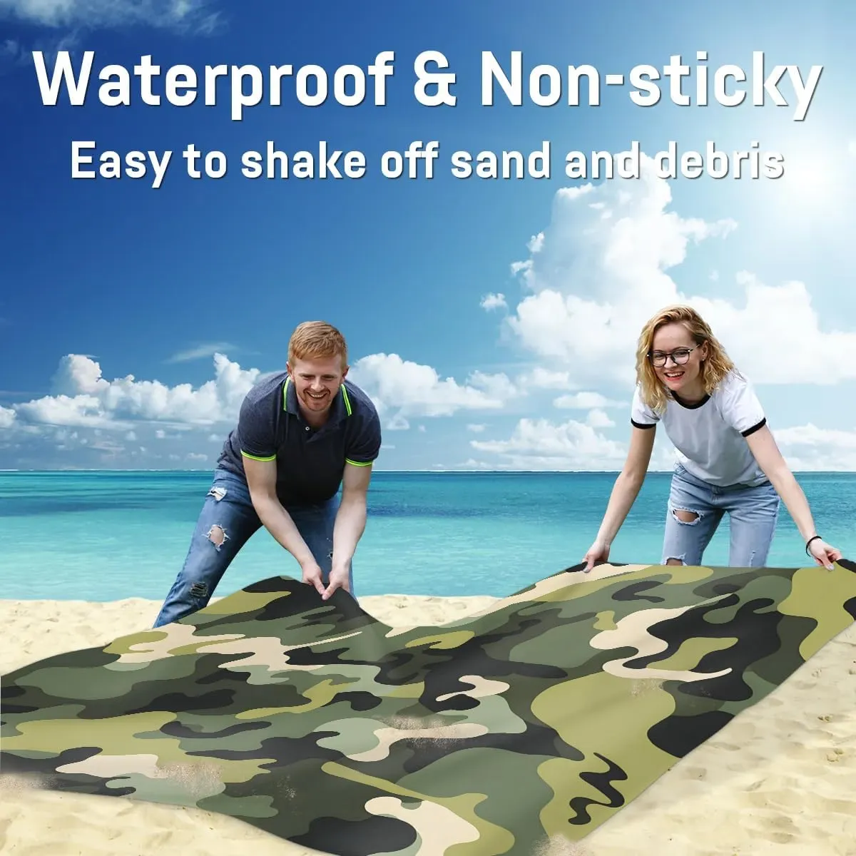 Camo Beach Blanket, Sandproof Beach Mat, 68 x 59 Waterproof Quick Drying Sand Free Mat with 4 x Ground Spikes for Outdoor Travel Camping Hiking, Camouflage