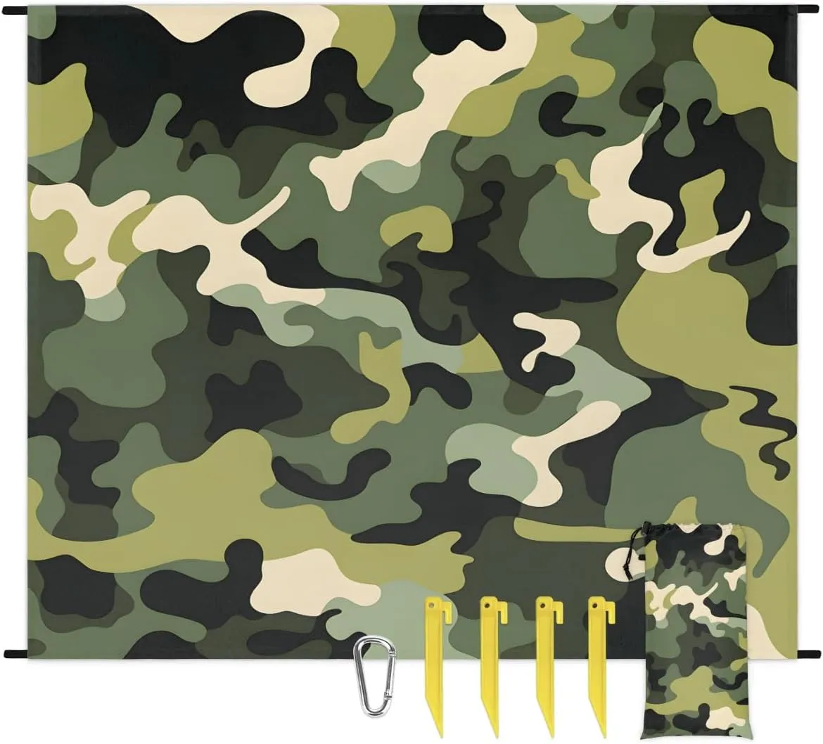 Camo Beach Blanket, Sandproof Beach Mat, 68 x 59 Waterproof Quick Drying Sand Free Mat with 4 x Ground Spikes for Outdoor Travel Camping Hiking, Camouflage