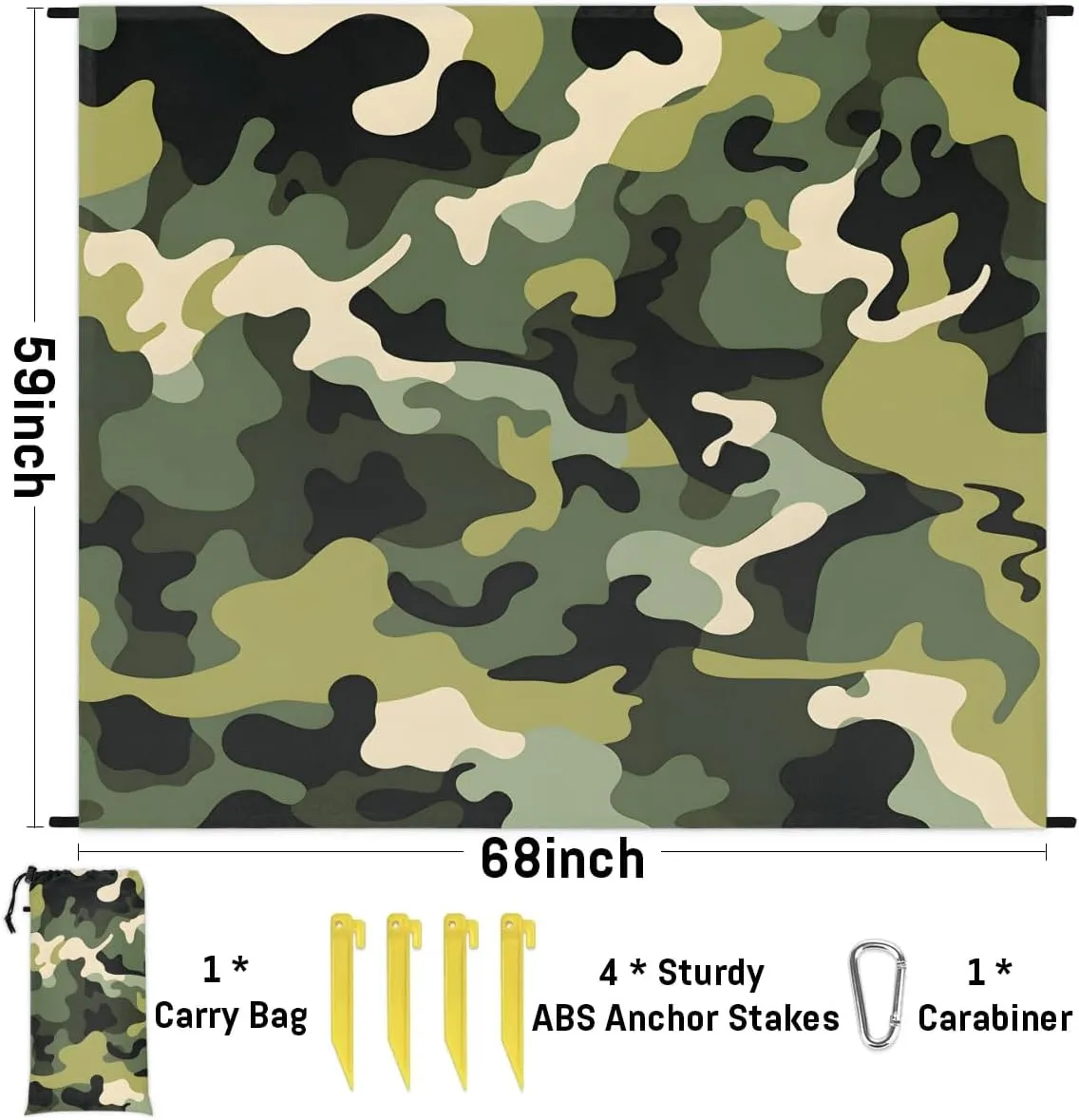 Camo Beach Blanket, Sandproof Beach Mat, 68 x 59 Waterproof Quick Drying Sand Free Mat with 4 x Ground Spikes for Outdoor Travel Camping Hiking, Camouflage