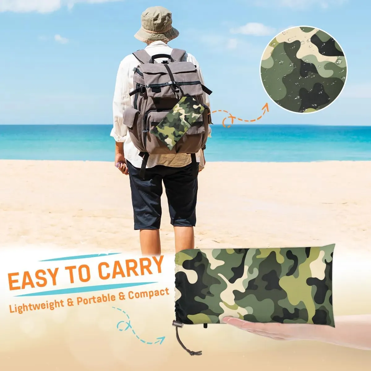 Camo Beach Blanket, Sandproof Beach Mat, 68 x 59 Waterproof Quick Drying Sand Free Mat with 4 x Ground Spikes for Outdoor Travel Camping Hiking, Camouflage