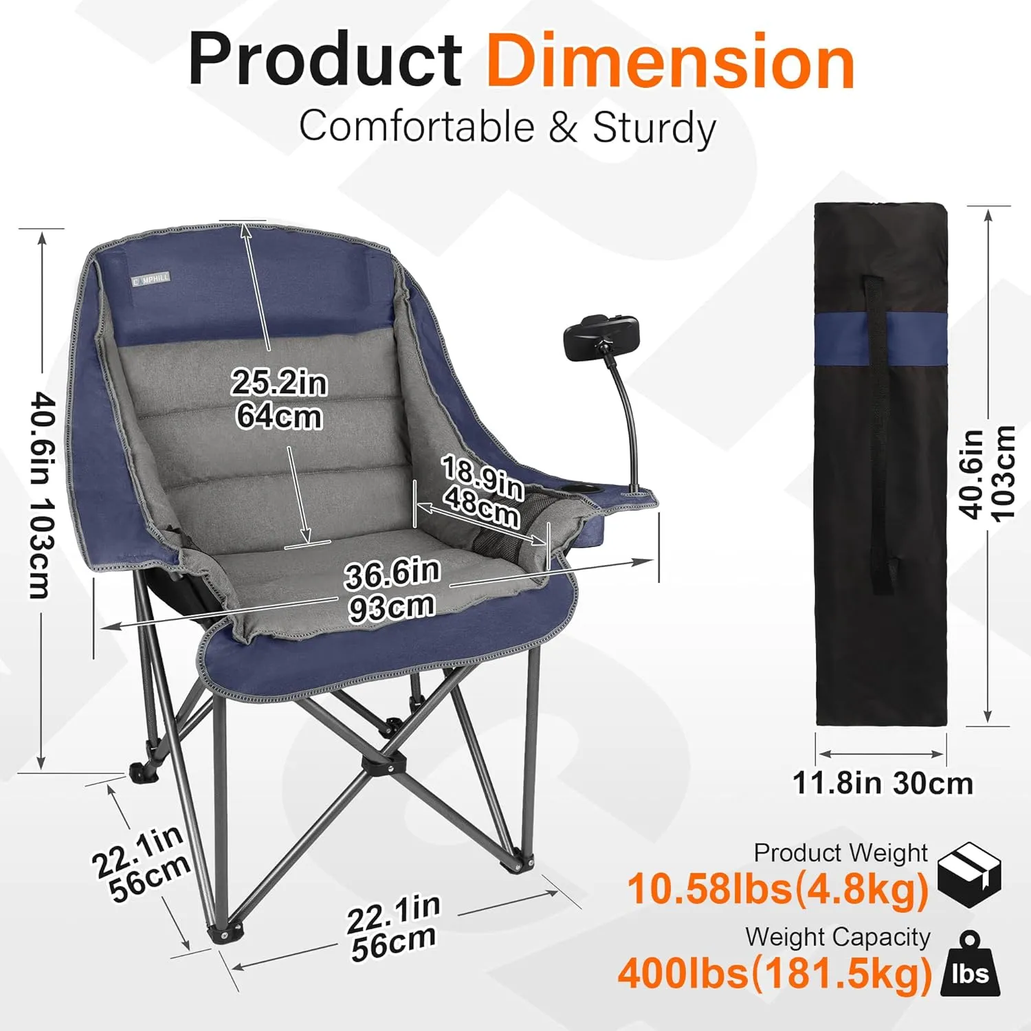 Camping Chairs for Adults-Oversized Extra Large Lawn Chair,Folding Comfy Padded Chair w/Phone Holder,Side Pocket,Cup Holder for Outdoor,Wide&Thick,Heavy Duty 400Lbs,Blue