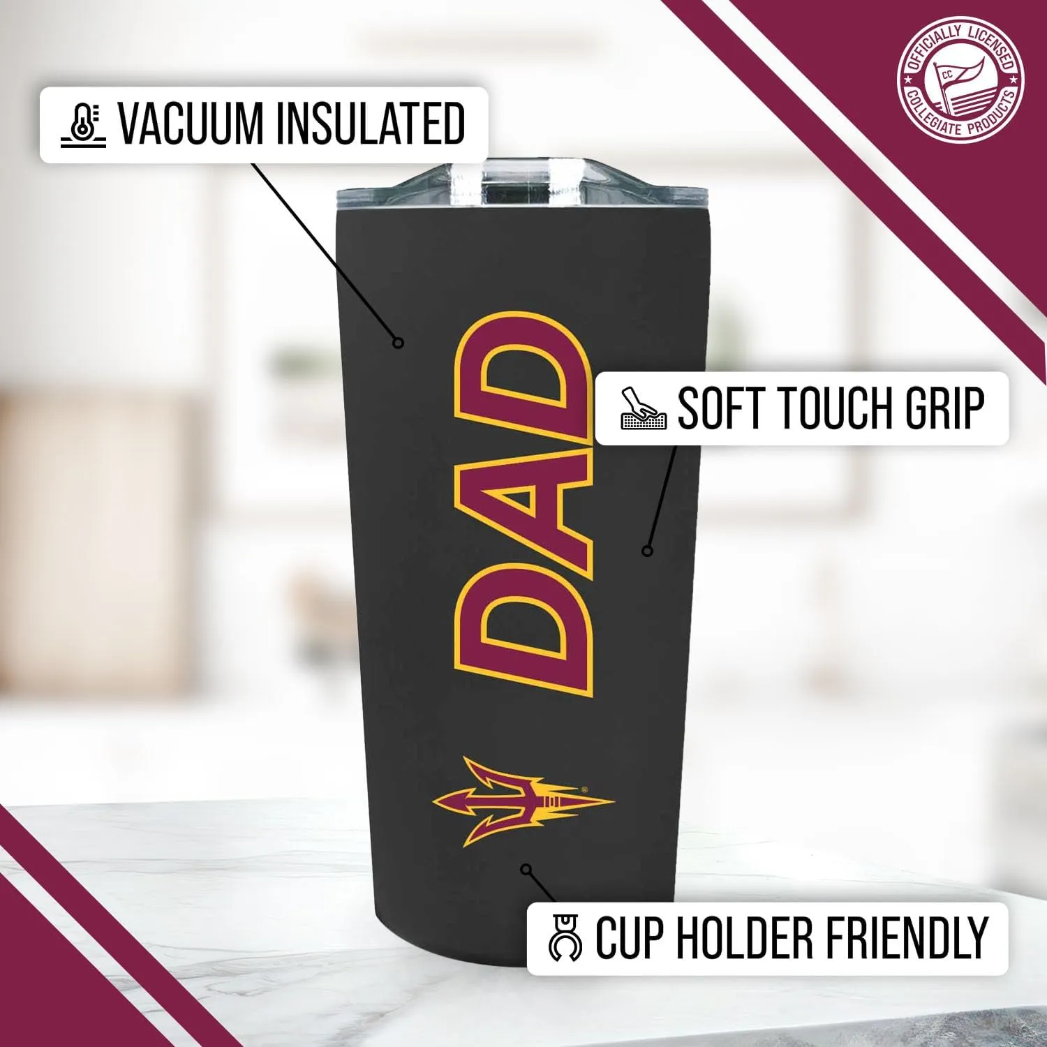 Campus Colors NCAA Stainless Steel Travel Tumbler for Dad - 18 oz - Double Walled Insulated Drinkware (Arizona State Sun Devils - Black)