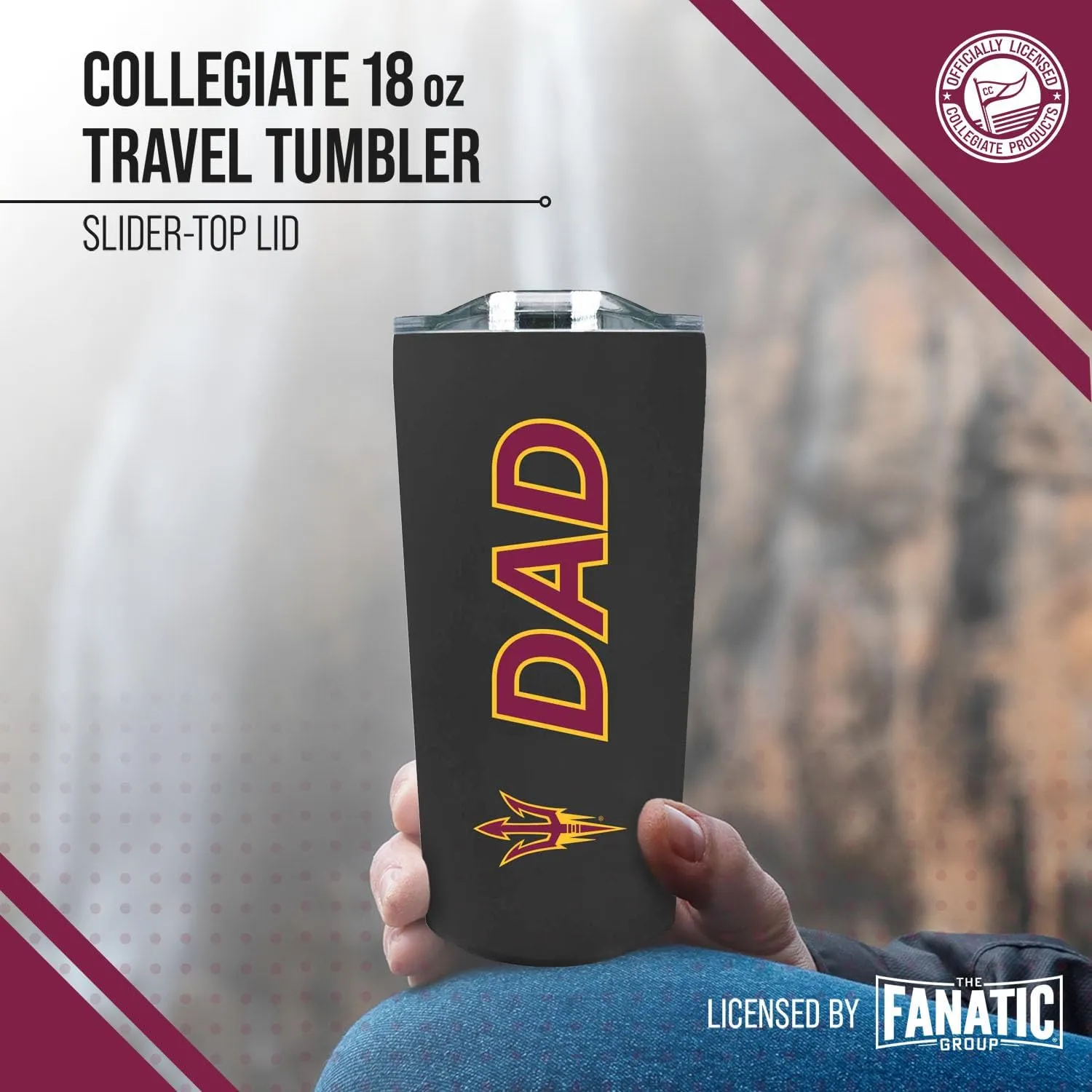Campus Colors NCAA Stainless Steel Travel Tumbler for Dad - 18 oz - Double Walled Insulated Drinkware (Arizona State Sun Devils - Black)