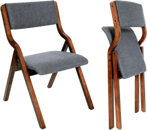 CangLong Modern Folding Chairs Set of 2, Padded Foldable Dining Chairs with Solid Wood Frame for Kitchen, Office & Wedding Party, Walnut Grey