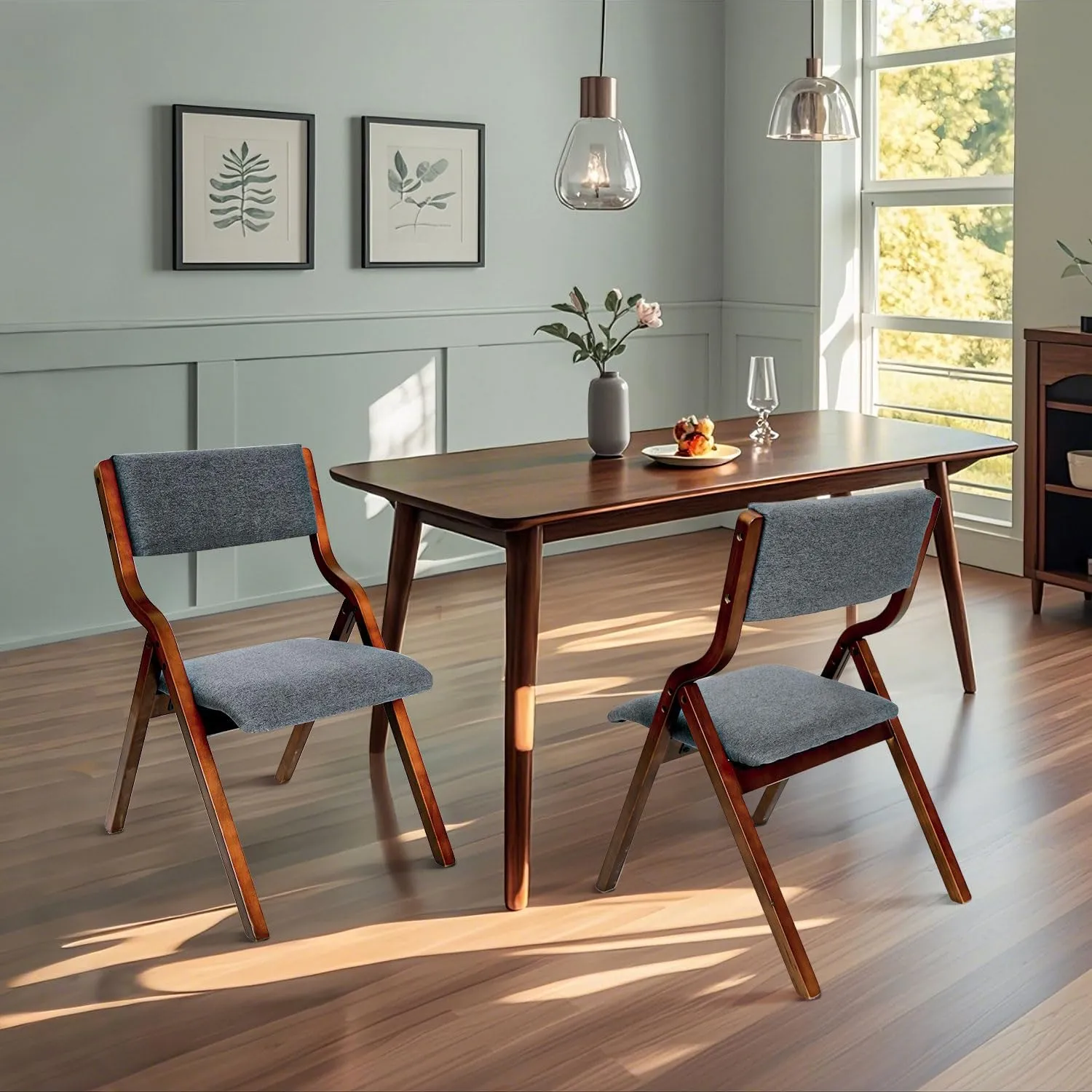 CangLong Modern Folding Chairs Set of 2, Padded Foldable Dining Chairs with Solid Wood Frame for Kitchen, Office & Wedding Party, Walnut Grey