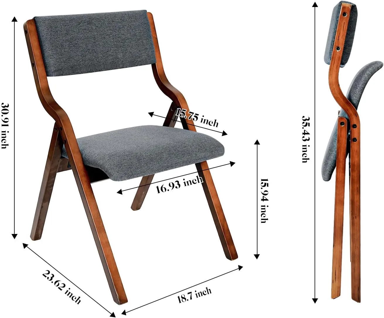 CangLong Modern Folding Chairs Set of 2, Padded Foldable Dining Chairs with Solid Wood Frame for Kitchen, Office & Wedding Party, Walnut Grey