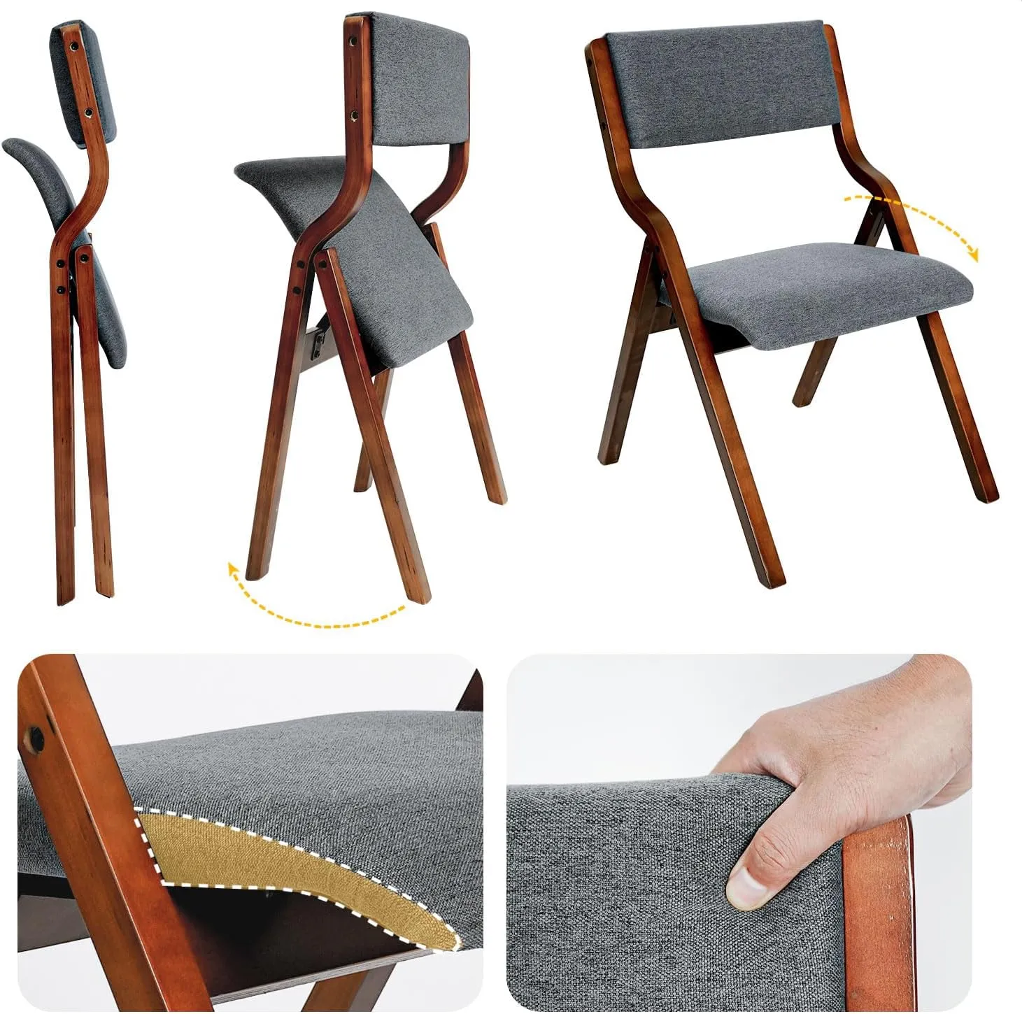 CangLong Modern Folding Chairs Set of 2, Padded Foldable Dining Chairs with Solid Wood Frame for Kitchen, Office & Wedding Party, Walnut Grey
