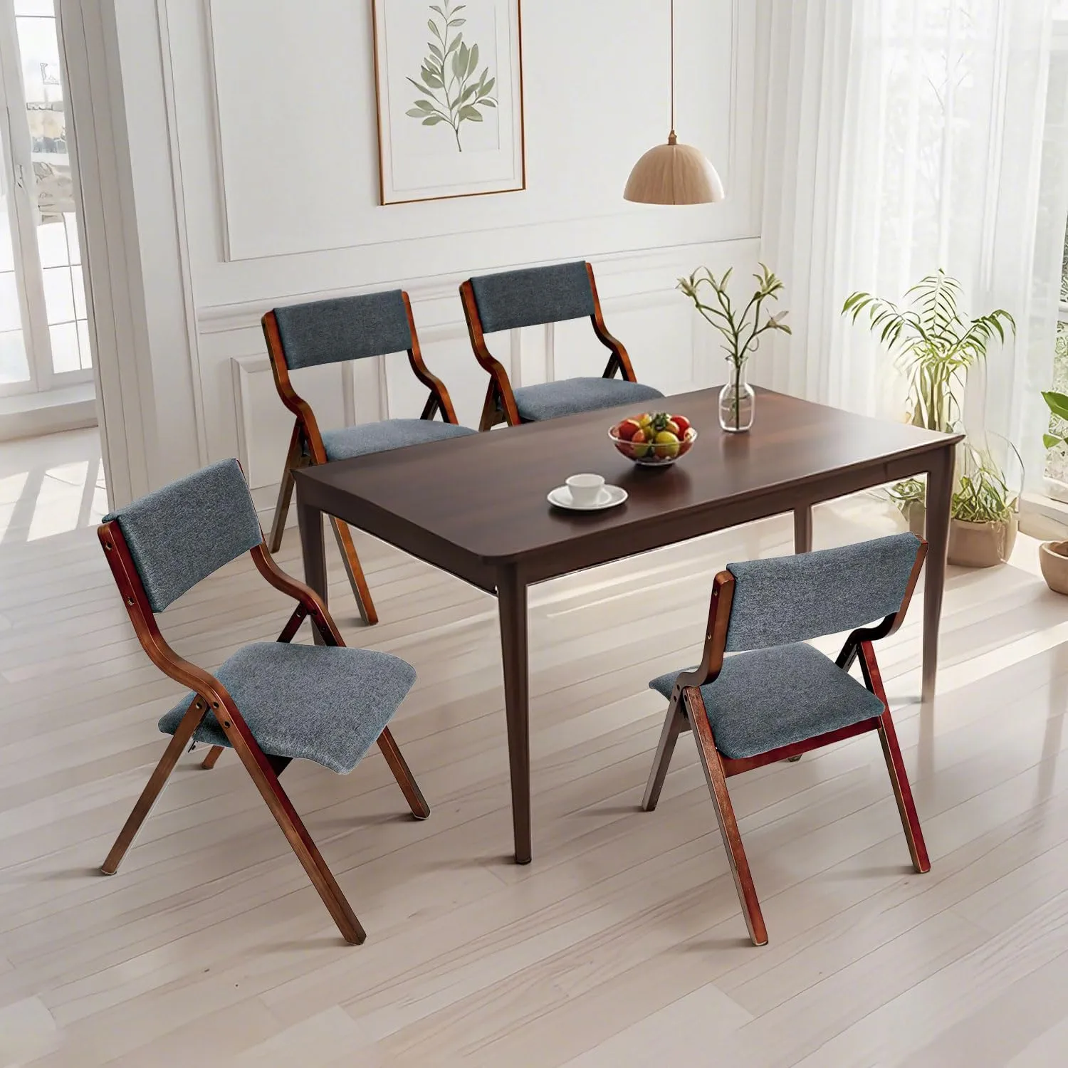 CangLong Modern Folding Chairs Set of 2, Padded Foldable Dining Chairs with Solid Wood Frame for Kitchen, Office & Wedding Party, Walnut Grey
